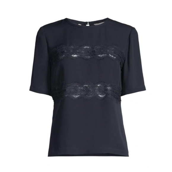 NWT REBECCA TAYLOR Lace Stripe Silk Top In Dark Navy Size XS - Picture 2 of 16